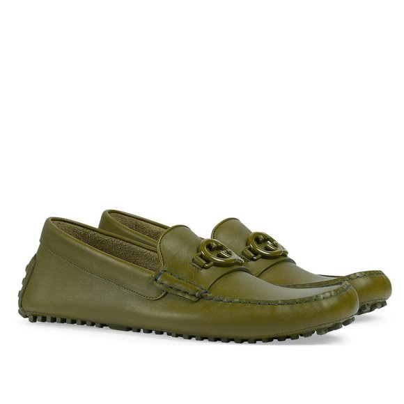 GUCCI SHOES MENS LOAFERS MOCCASINS G LOGO GREEN LEATHER sz 9G 9.5 - Picture 2 of 15